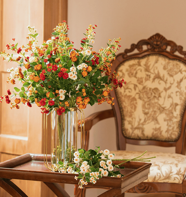 5 lange grener små roser, rosesimuleringsblomster, silkeblomster