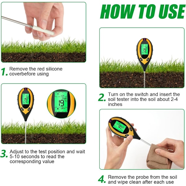 4-in-1 Soil Tester pH Meter - Digital Plant Thermometer - With Lighting - Temperature