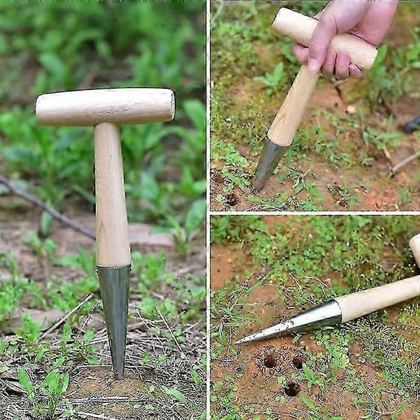 Garden Hole Puncher with Wooden Handle Comfortable Hole Digger Garden Tool for Sowing