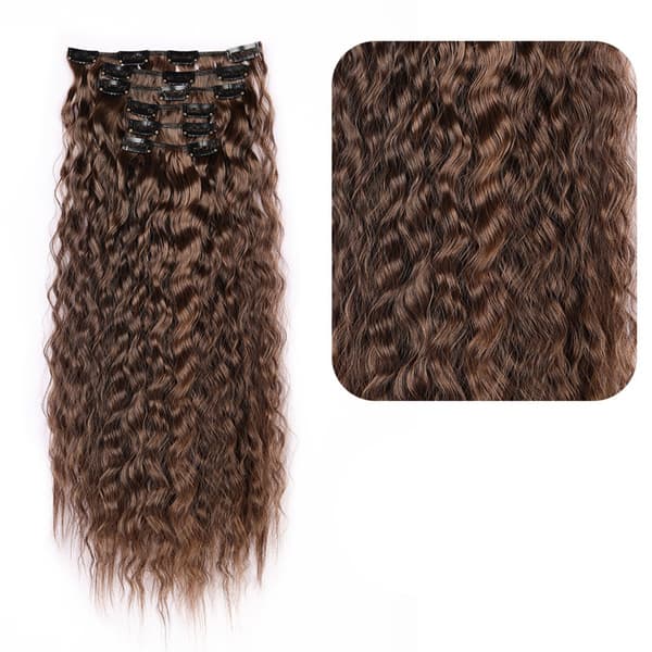 Brune uldkrøllede hårforlængelser - Højtemperaturfiber Clip-in Hårstykker