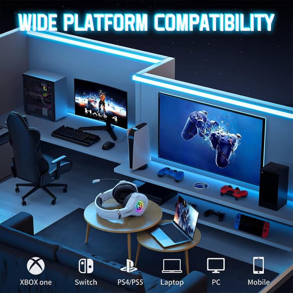 Gamingheadset til PS5 PS4 PC, Over-Ear Hovedtelefoner med Surroundlyd & RGB-lys til Xbox Switch Mac Laptop hvid