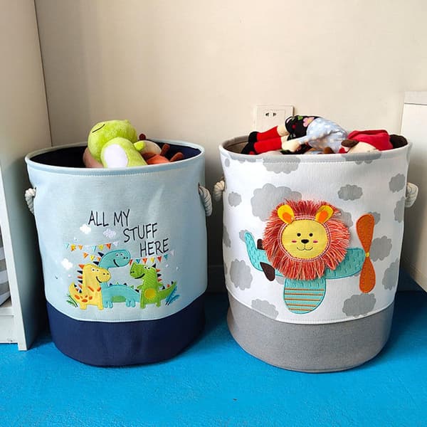 Dinosaur Toy Storage Basket with Drawstring Closure and Handles, Foldable Cotton Linen Laundry Hamper for Nursery, Blue 35x40 cm