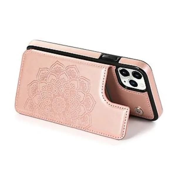 Blomstret læder flip pung kortholder etui til iPhone 12 Mini Pro Max 11 (rosaguld)