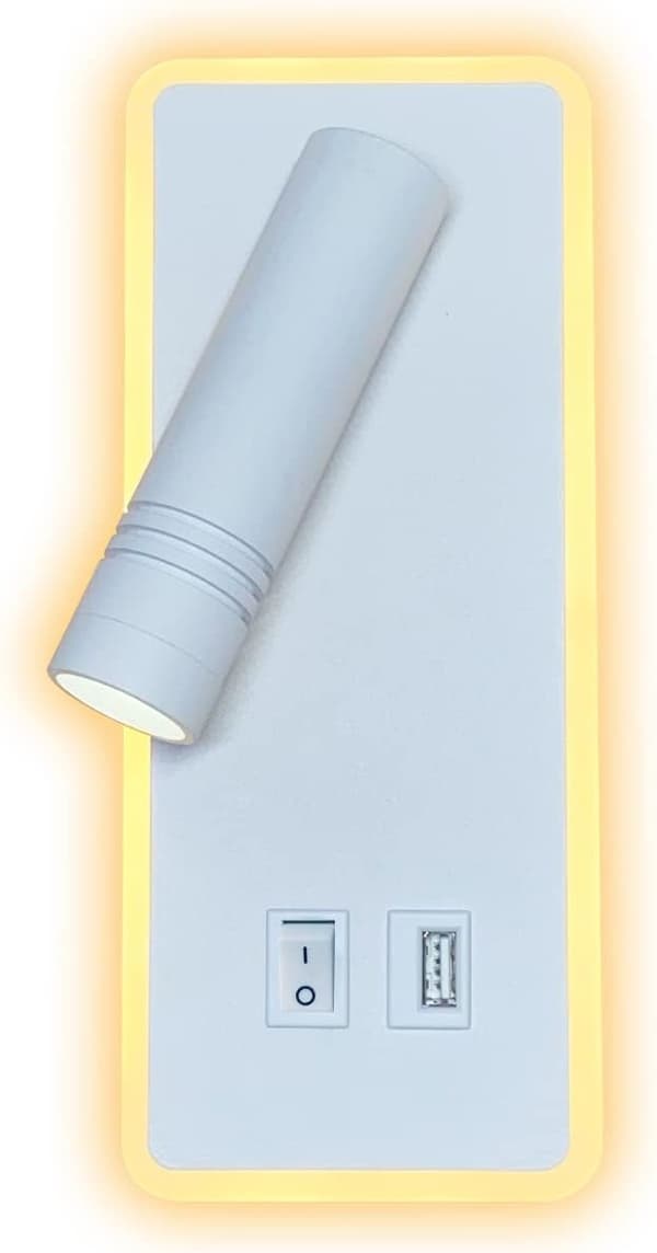LED Vegglampe, 9W, Nattbordsleselampe med USB-ladeport