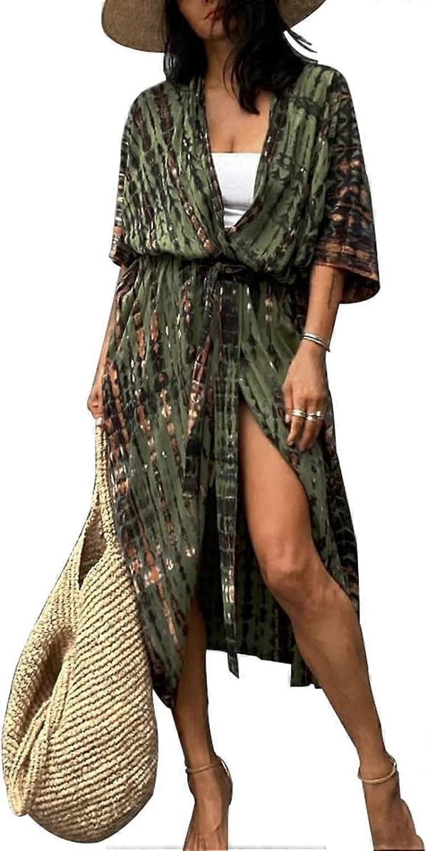 Lång strandklänning för damer, bohemisk kimono-överdel
