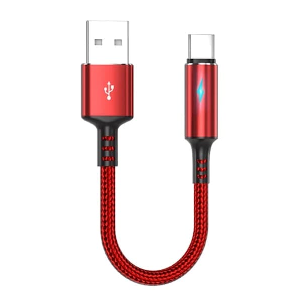 QD-Compact USB-C til USB-A Lade- og Datakabel 2.4A Ladeledning 25cm Kort Kabel, Nylon og Aluminiumslegering Materiale Rød 0.02