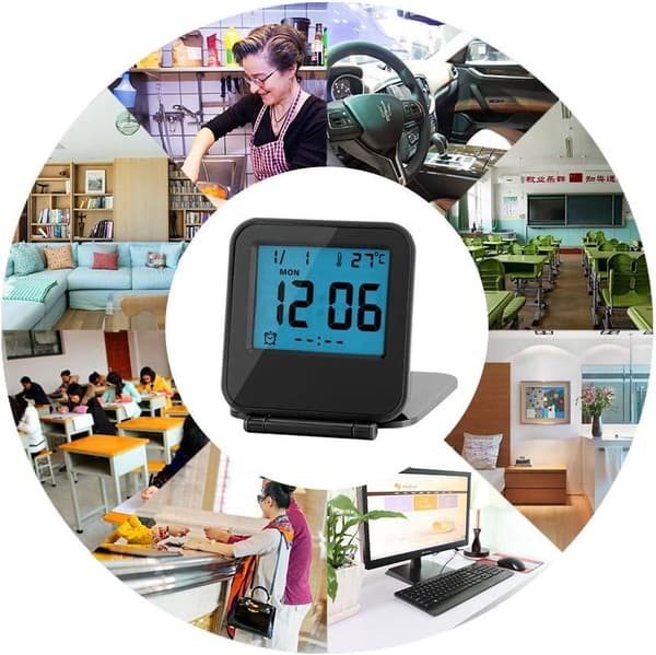 Digitaalinen herätyskello lämpötilalla ja radiolla