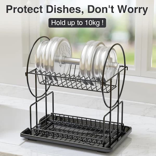 2-etasjers svart oppvaskstativ med dryppbrett, avløpsstativ i rustfritt stål