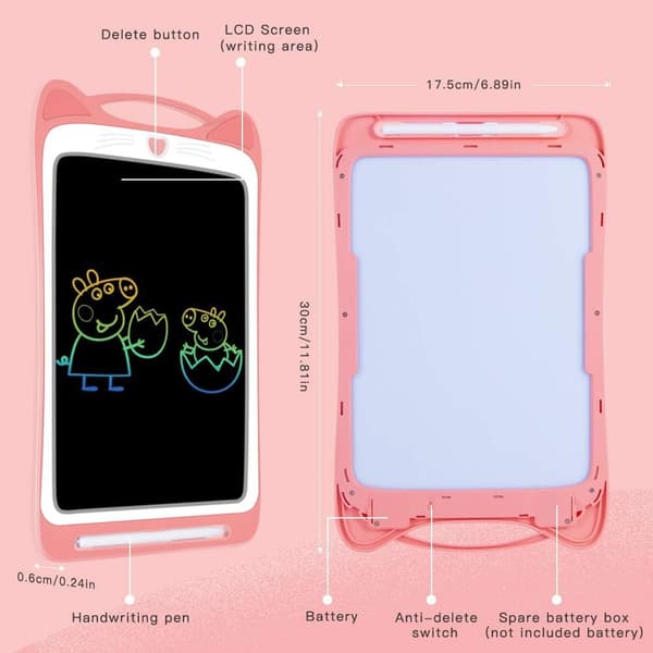 12 tuuman suuri värikäs LCD-piirustustaulu lapsille (vaaleanpunainen), elektroninen