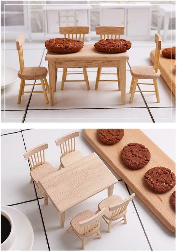 Bord og stole Træmøbler til dukkehus, Miniature Dukkehustilbehør - Skala 1/12