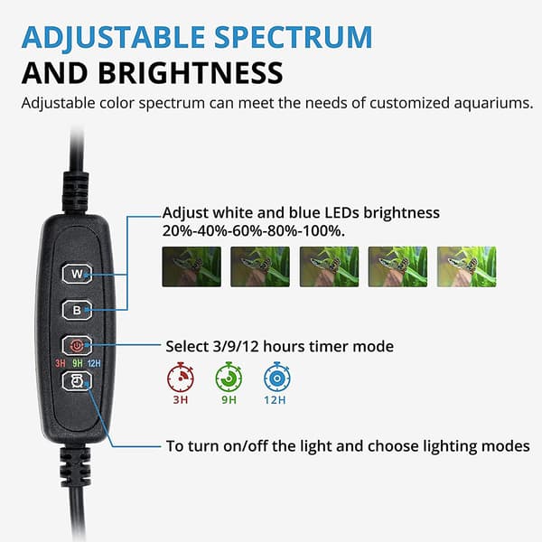 LED-akvarielys med timerfunksjon, nedsenkbar hvit og blå belysning, justerbar belysning for akvarium, 4W, 230 lm