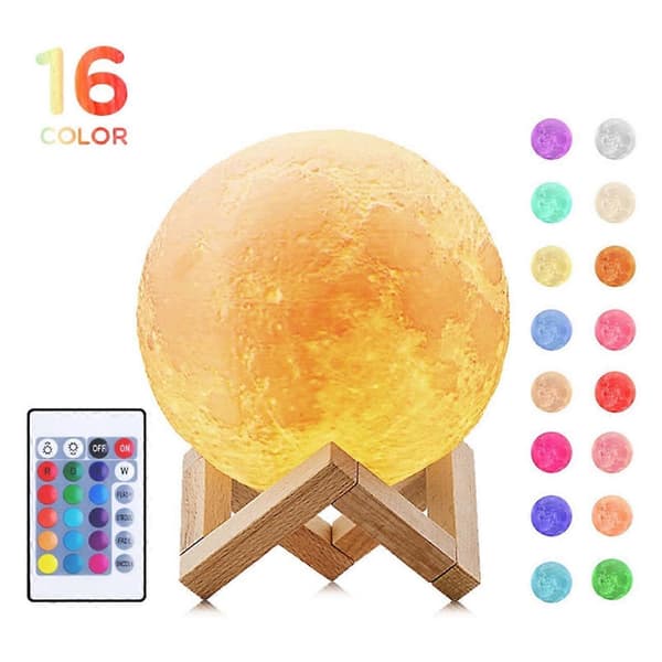 Moon Lamp, 16 Colors with Wooden Stand, Remote Control, USB Charging