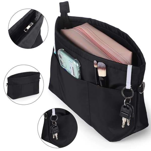 Handbag Organizer, Nylon Bag Organizer with Keychain, Inner Pockets, Waterproof for Handbags, Black, L