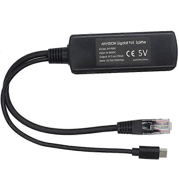 2-pack 5V Gigabit PoE Splitter, USB Typ C, 48V till 5V 2.4A Adapter, IEEE 802.3Af Kompatibel LGL Black
