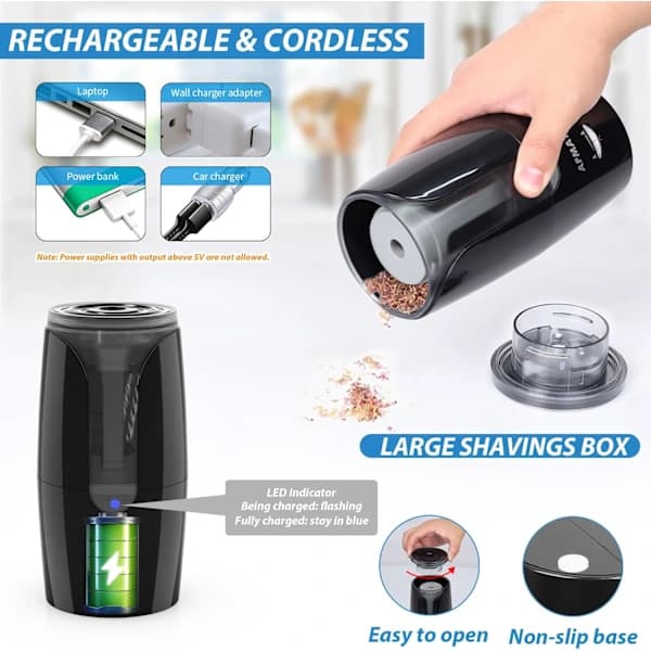 Rechargeable Electric Pencil Sharpener with Long Point, Automatic Stop, 2 Sharpness Settings for Artists, Students, Office, White white