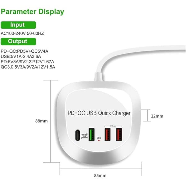 USB C Hurtiglader, USB PD QC 3.0 Strømlader for Hurtiglading 4 Porter Multi USB Strømadapter for iPhone iPad