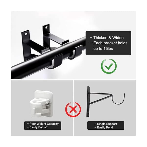 Sæt med 4 robuste sorte metalbeslag til gardinstænger, 26 mm brede, til gardinstænger fra 26 mm til 32 mm