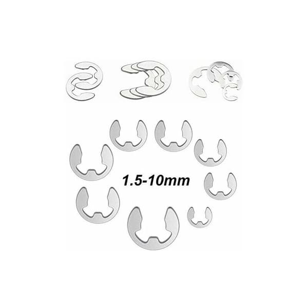 E-Clip-Ring 304 Rustfritt Stål Eksterne Låseringer Låseringssortiment 1,5/2/3/4/5/6/7/8/9/10 mm Ulike Bruksområder 200 stk