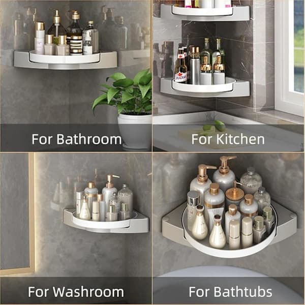 Two-piece corner shower shelf - 360° rotation - Self-adhesive, no drilling required - Bathroom storage shelf