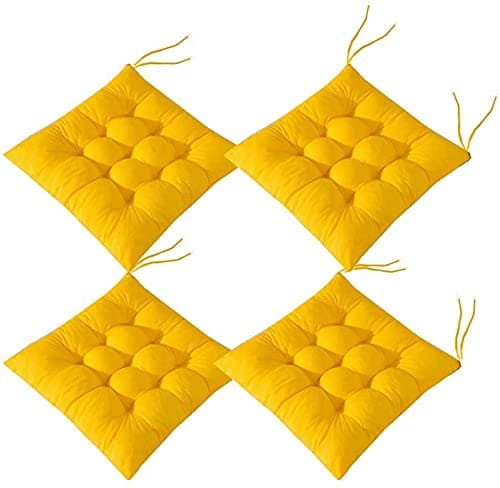 Sæt med 4 stolehynder med bindebånd Bløde sædehynder i polyesterbomuld til spisestue, terrasse, køkken 40x40cm Gul yellow