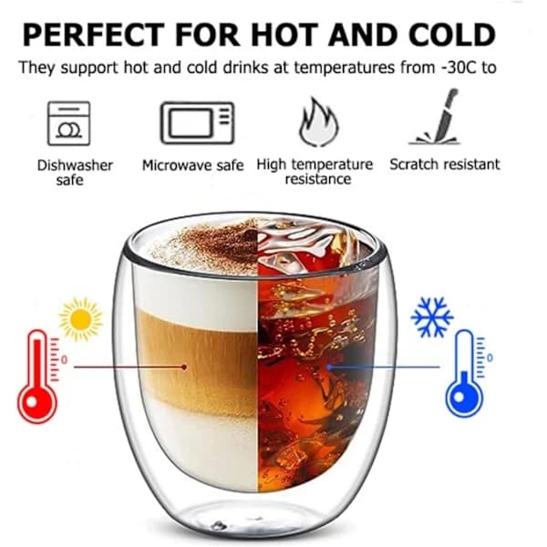 6 stk. dobbeltvæggede kopper glaskrus, transparente dobbeltvæggede kaffekopper, dobbeltvæggede, cappuccino, latte og isolerede (80 ml)