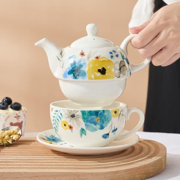 Porcelæn Te Til Én, Håndmalet Akvarel Blomstret Tekande Og Kop Sæt, Blomstrende Blomster