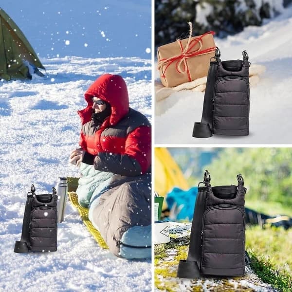 Water Bottle Bag with Shoulder Strap | Quilted Water Bottle Holder & Strap | Stylish Puffer Water Bottle Bag Silver