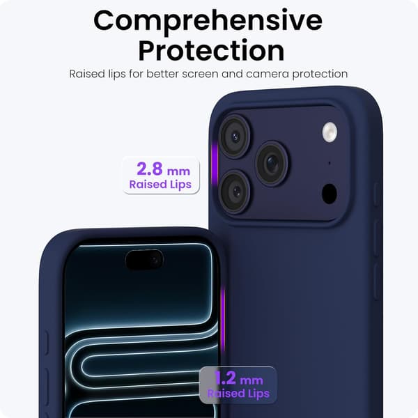 iPhone 17 Pro deksel, premium flytende silikondeksel, myk cellulær gummi, ripefritt mikrofiberfôr, støtsikkert deksel, mørkeblå