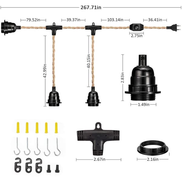 6,8M 2-leder linned elektrisk kabel med E26/E27 fatning (3 fatninger) og lysdæmper til gør-det-selv-lampe (ingen pære)