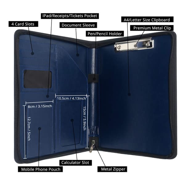 Skrivemappe A4 med glidelås, clipboard forretningsmappe konferansemappe, dokumentmappe i lær, portefølje padfolio blå