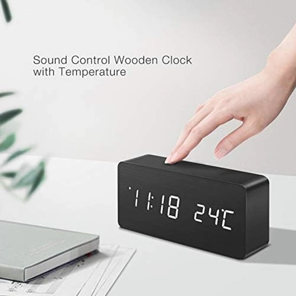 Wooden Digital Clock - Multifunctional LED Alarm Clock with Time/Date