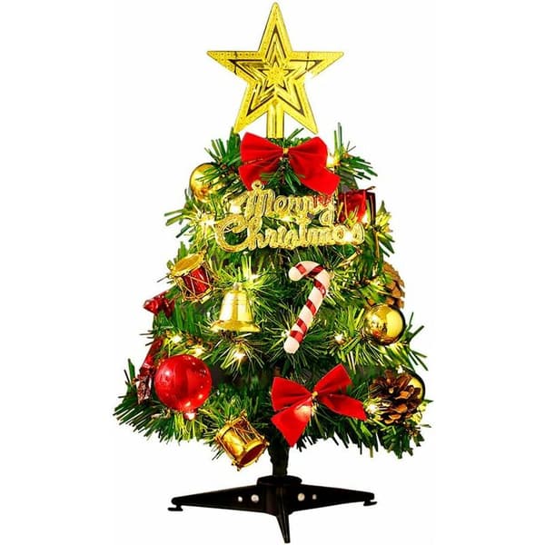 Artificial Christmas Tree Mini Christmas Tree and 2M/2.18 Yard Wire Rope Lights, Miniature Decoration Tabletop Indoor Mini Green Tree Ornaments Tablet