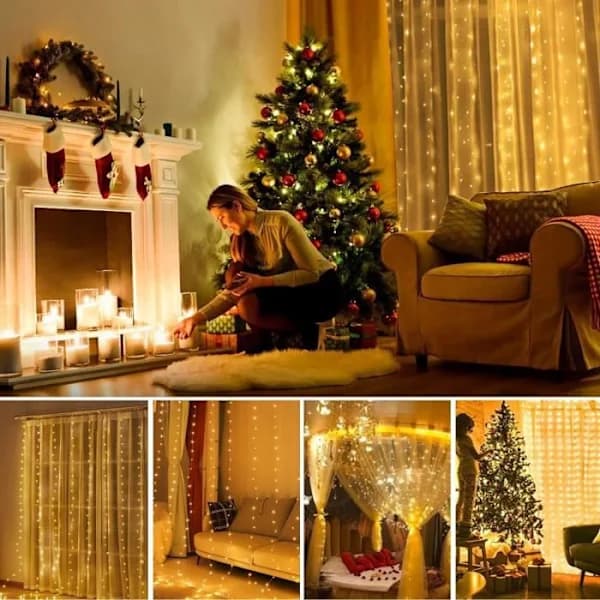 USB 300 LED Lyslenke Gardin - 3m*3m - 8 lysmoduser - Vanntett IP65 med timer og fjernkontroll