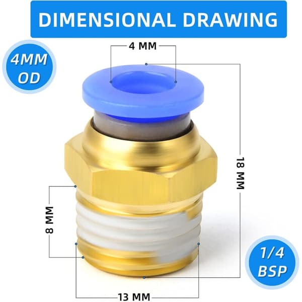 10 stk. 4 mm rør OD x 1/4 BSP han lige push-to-connect koblinger (PC4-02)
