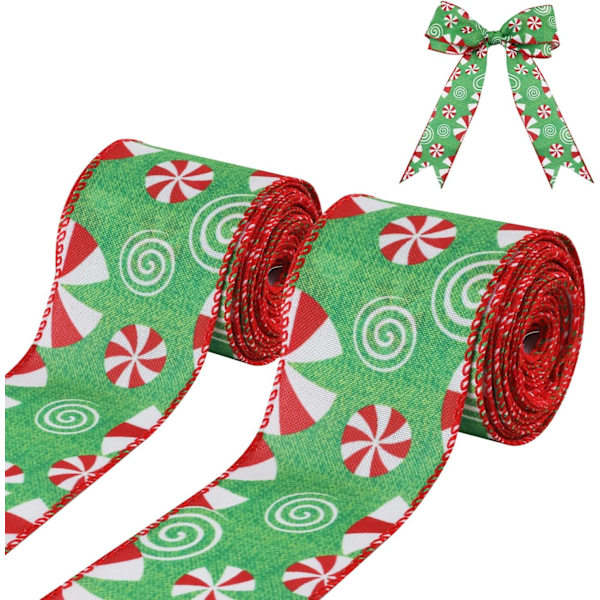 Wired Christmas Ribbon Rolls (Green Background), 2.5\" Wide Mint C