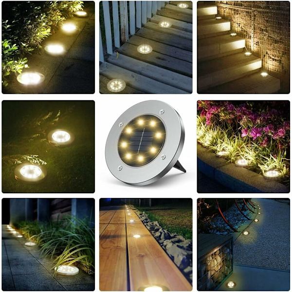 LED solcellelampe i rustfritt stål for plenpynt, landskapsbelysning, markspydlys (8 stk varmhvit)