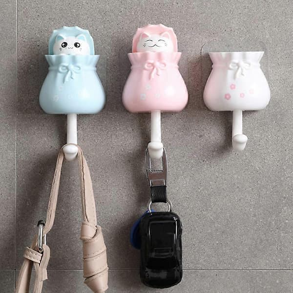 Cute Lucky Bag Cat Shape Punch-Free Self-Adhesive Decorative Hook for Hanging Hats Keys Towels