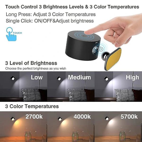 Rechargeable Wall Lamp Bedside Lamp Reading Lamp Rechargeable Portable Touch Adjustable Night Light Magnetic Suction Cabinet Light (Black)