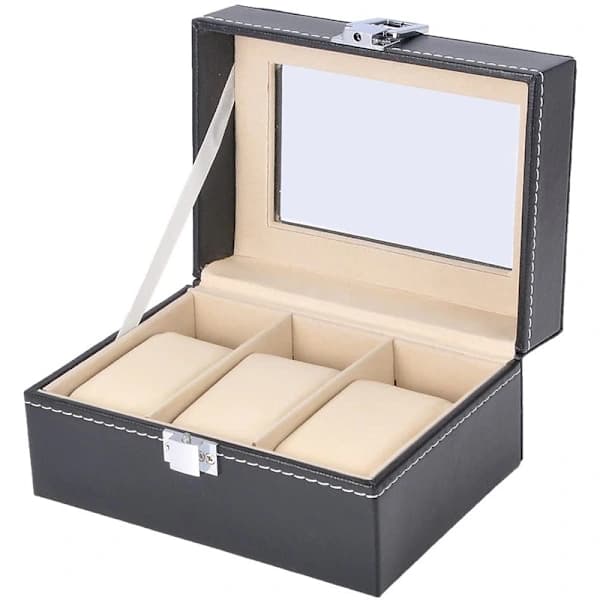 3-slot PU Leather Watch Box with Lock, Watch Storage Display, Watch Display Organizer, Black