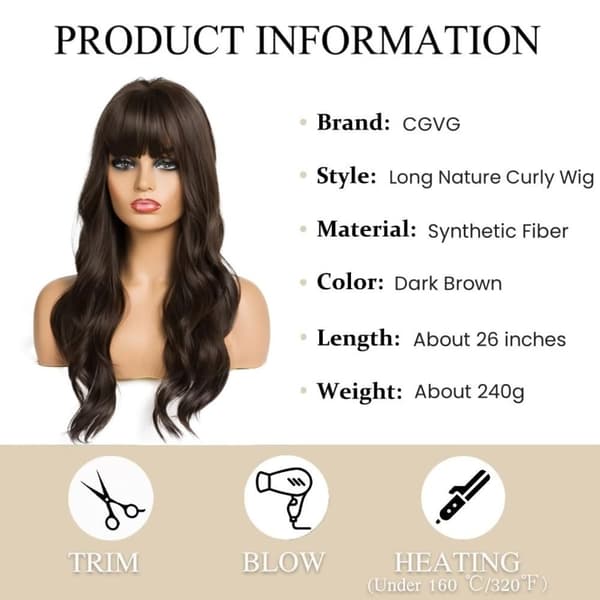 Long Wavy Wig with Bangs - Dark Brown Synthetic Hair for Party, Cosplay and Daily Use