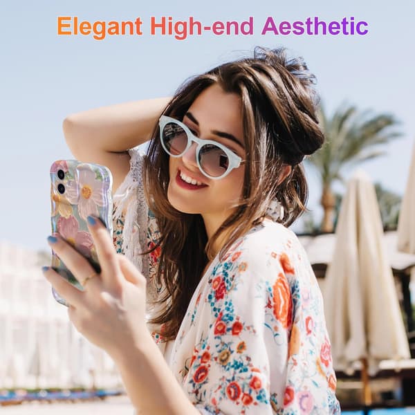 Etui til iPhone 11, farverig retro oliemaleri trykt blomst laserstråle blankt mønster søde krøllede bølger kant