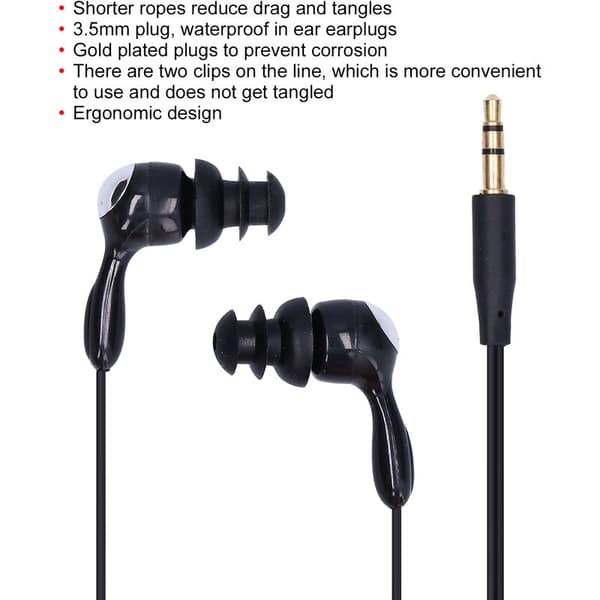 Vanntette in-ear-hodetelefoner, benledningshodetelefoner med utskiftbare ørepropper for svømming, løping, surfing (svart)