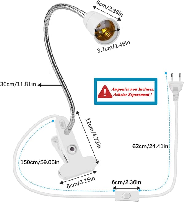 E27 Clip-on Bulb Socket with Switch, LED Desk Lamp Base with 360