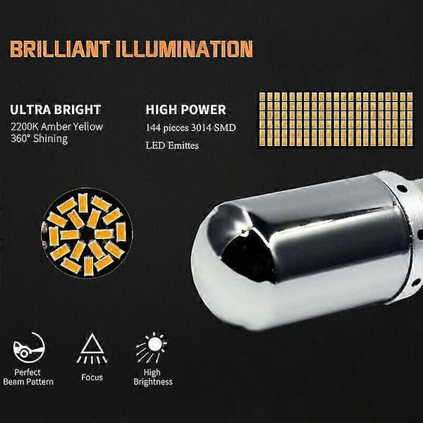 2 stk Krom 7440 T20 144smd Amber Canbus Feilfri LED-pære Blinklys