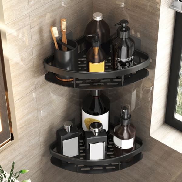 Triangular Shower Shelf, Drill-Free Aluminum Corner Shower Shelf, Corner Shower Shelf with Hollow Base for Bathroom Toilet Double Layer.
