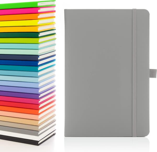 1 stk A5 Notesbog med Linjerede Sider, Penneholder, Bogmærke, Datomarkeringer og Papirlomme, Medium Hardcover Journal (grå)