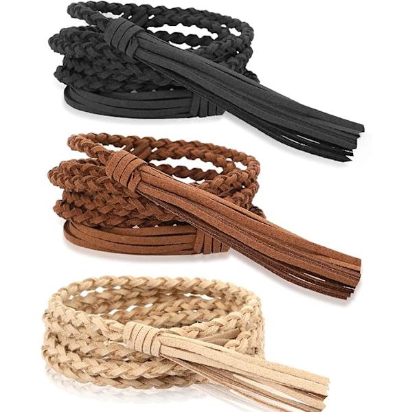3-pack braided women's belts, thin fringe belts, solid color, adjustable