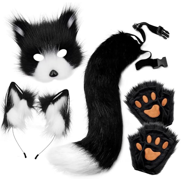 Plush-naamio ketun hännän ja korvien setillä, kissan hännän ketun asu cosplay-asu kissan korvilla ja tassuhanskoilla halloween-cosplay black and white