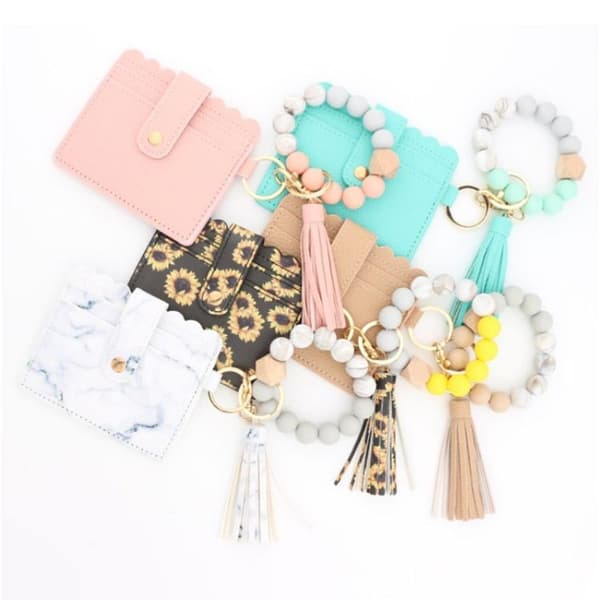 PU Tassel Silicone Beaded Wristlet Keychain - Grey Blue