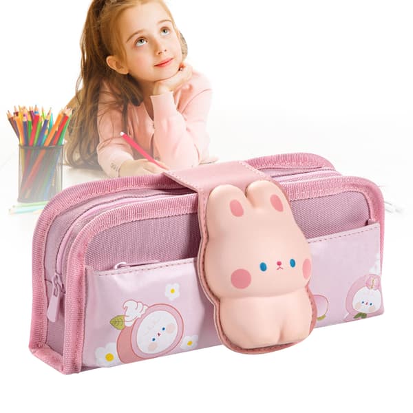 Canvas Pencil Case with Cute Duck Pattern, Velcro Closure, Large Capacity, Zipper, Multiple Internal Compartments for Student Rabbit
